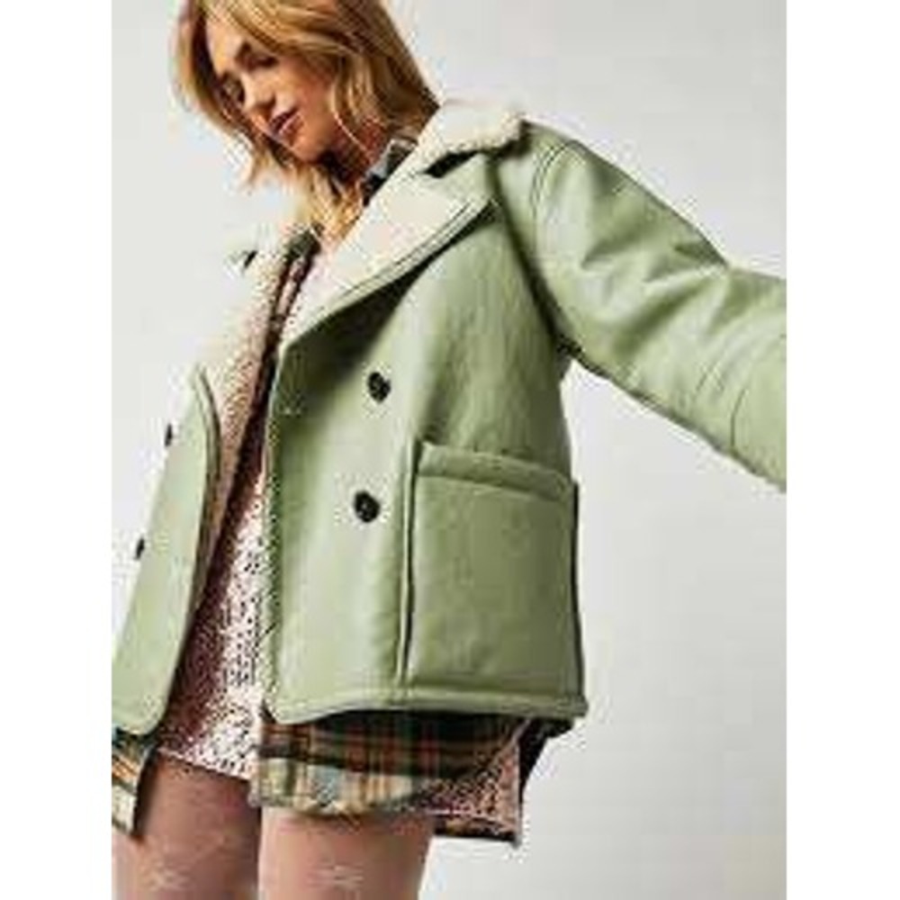 FP We The Free Kaja vegan Leather peacoat shearling lining/cuffs XS Sage Green